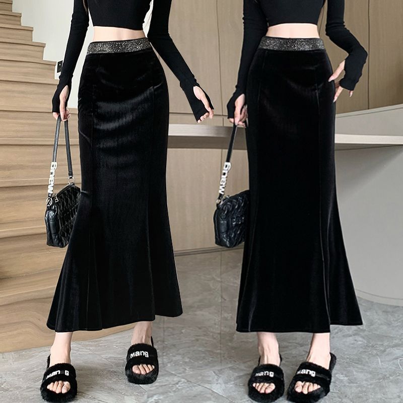 QNYH Women's high-waisted rhinestone embellished slimming fashion pencil skirt, spring and autumn el