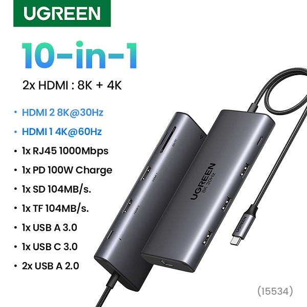 USB-C Hub Revodok Pro 210 10 in 1 Ugreen 15534 CM639, HDMI 8K30hz,  Card Reader, PD100W