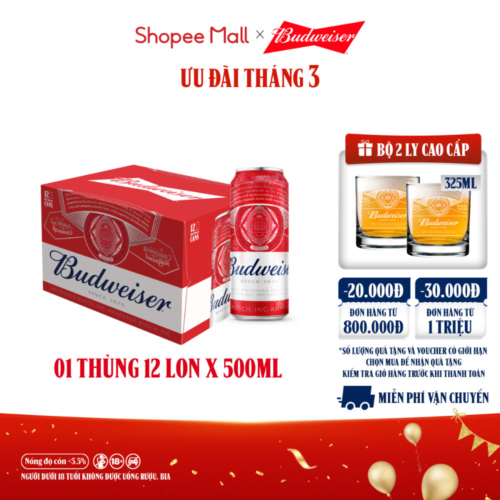 Nồng Độ Cồn 5.0% - Thùng 12 Lon Bia Budweiser (500ml/lon)