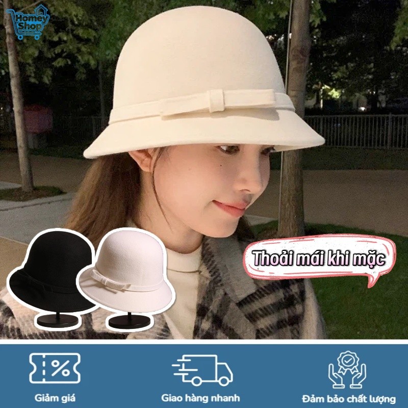 HomeyShop-Mũ nỉ Hepburn thanh lịch phong cách tiểu thư Korea, vành rộng tròn ôm mặt,dây chỉnh đầu ti