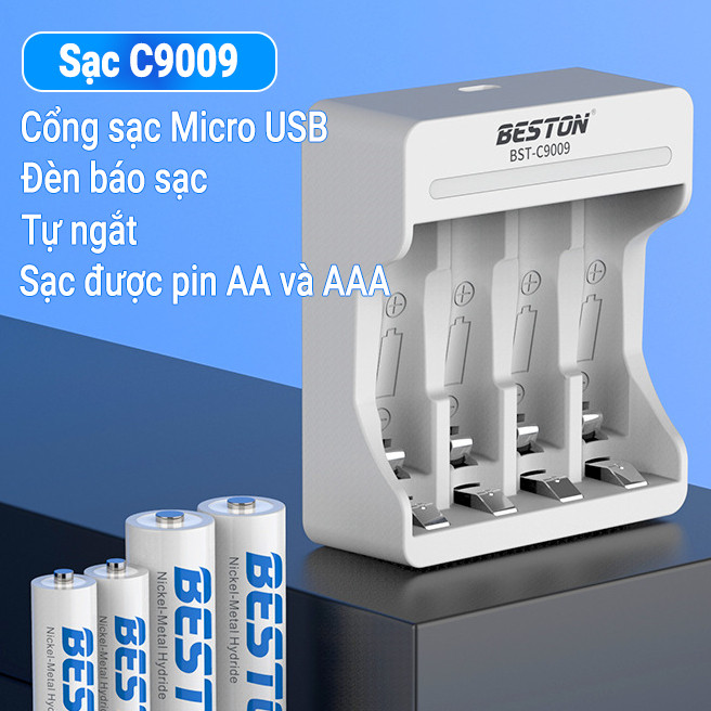 Bộ sạc pin 4 slot C9009 Beston AA /AAA 1.2V tự ngắt, tiện lợi