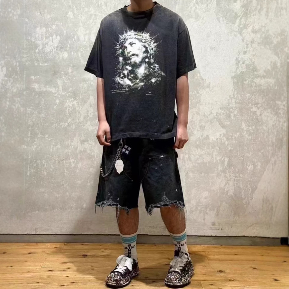 MOEN SAINT OF MICHAEL JESUS Luminous distressed vintage print couple's short-sleeve shirt T Men's T-