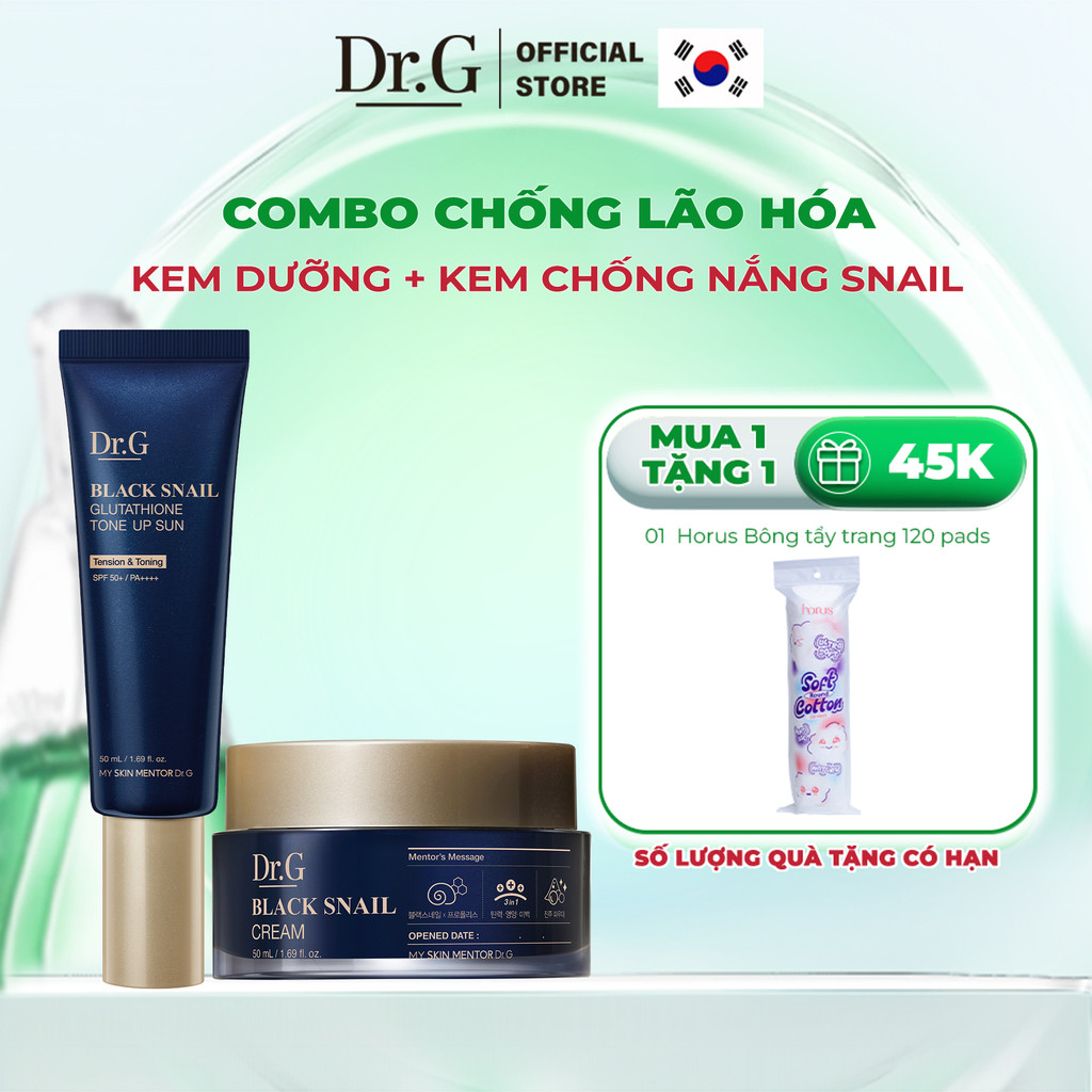Combo Dr.G Kem dưỡng Black Snail Cream 50ml + Dr.G Kem chống nắng Black Snail Glutathione Tone Up Su