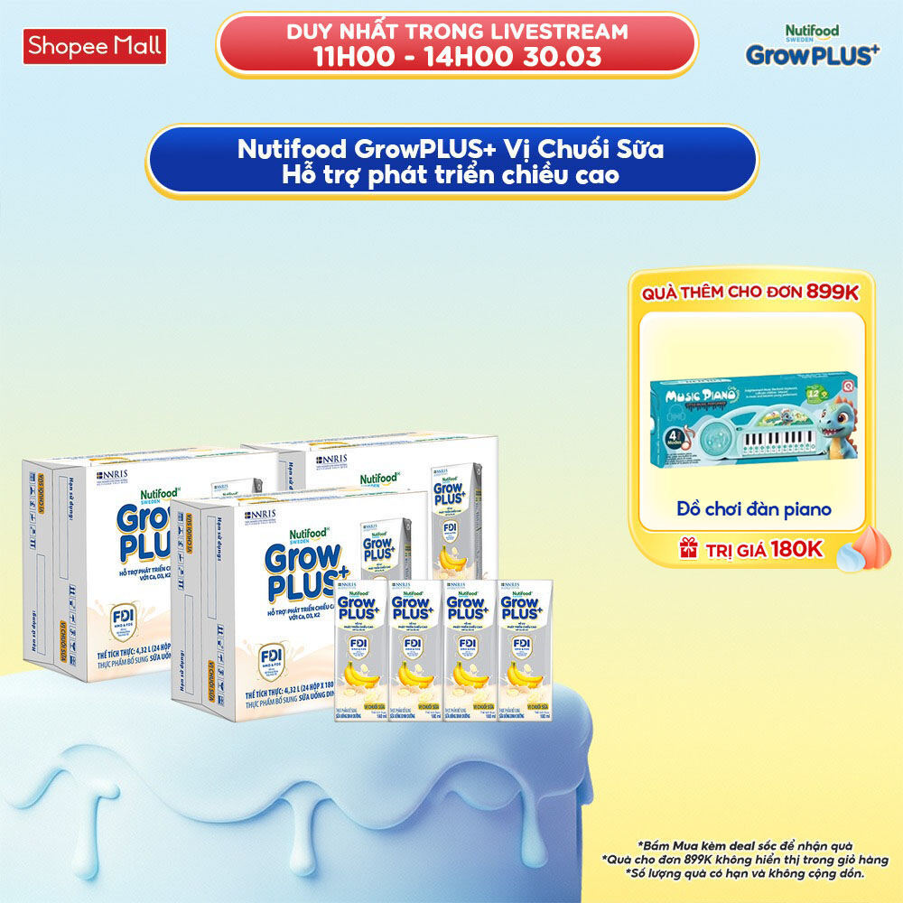 Combo 3 Thùng 24 hộp Sữa bột pha sẵn Nutifood Sweden GrowPLUS+ Vị Chuối Sữa hộp 180ml - Trên 1 tuổi