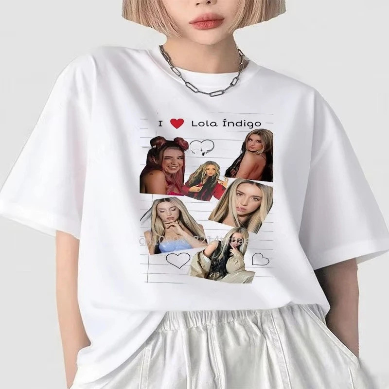 Lola Indigo Cô Gái Nhỏ In Hình Áo nam Nữ Cổ Tròn Cotton Tay Ngắn Y2k Phong Cách Quần Áo
