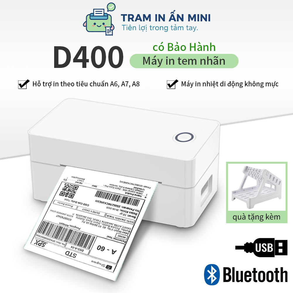 Máy In Nhiệt d400 In Khổ A6 In Đơn Hàng,USB/BT Phiếu Gửi, Minicode, Logo Tự Dán
