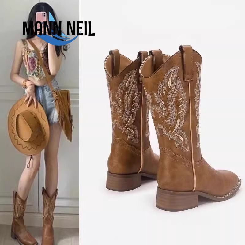 2026 Sản Phẩm Mới 2025 He Sui Retro Western Cowboy Boots Martin Boots Nữ Thêu Cao Hiệp Sĩ Giày V-Mou