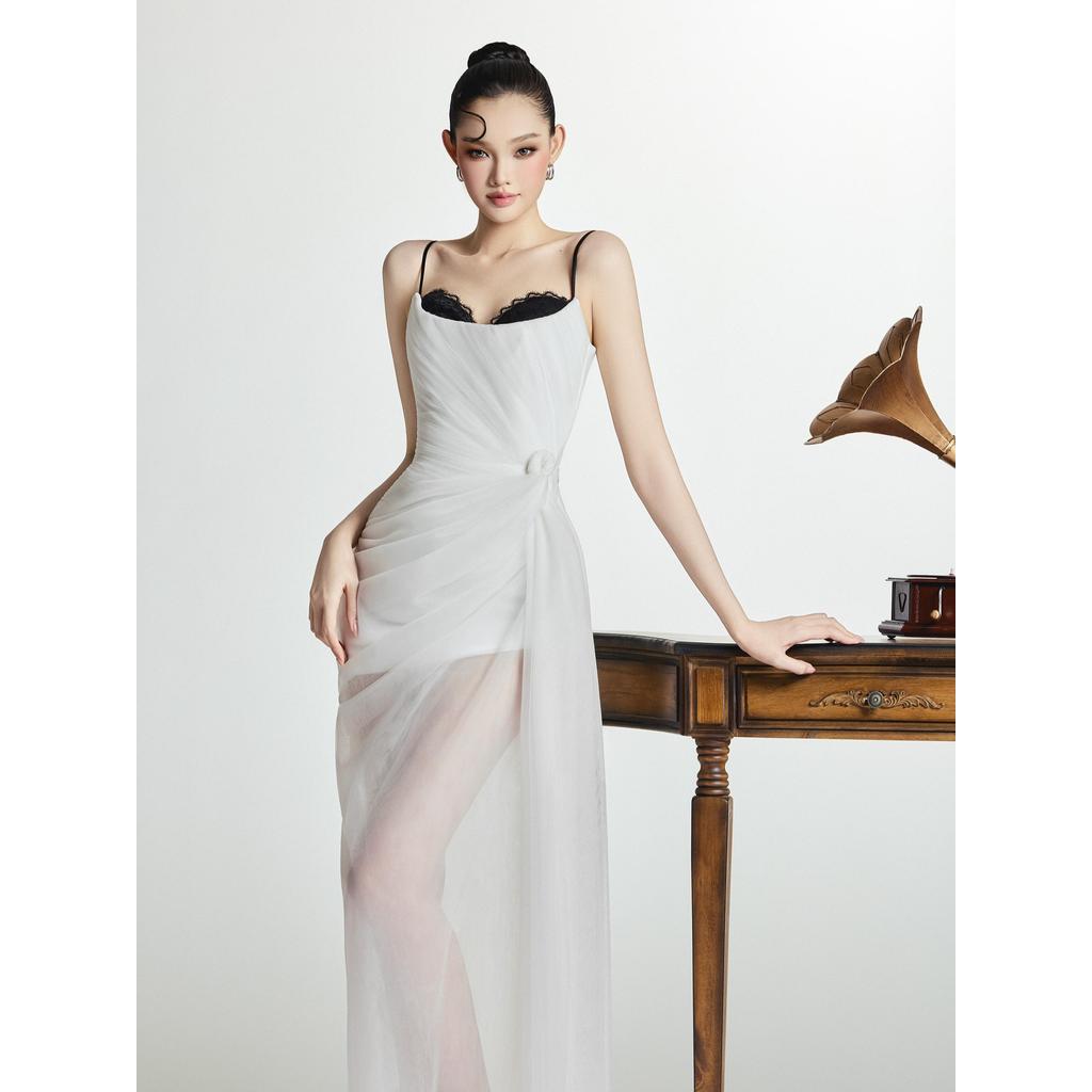 [BYDI DESIGN] HEMI DRESS - Đầm Thiết Kế Trắng Dài 2 Dây Phối Ren, Váy Maxi Voan Dự Tiệc Sang trọng