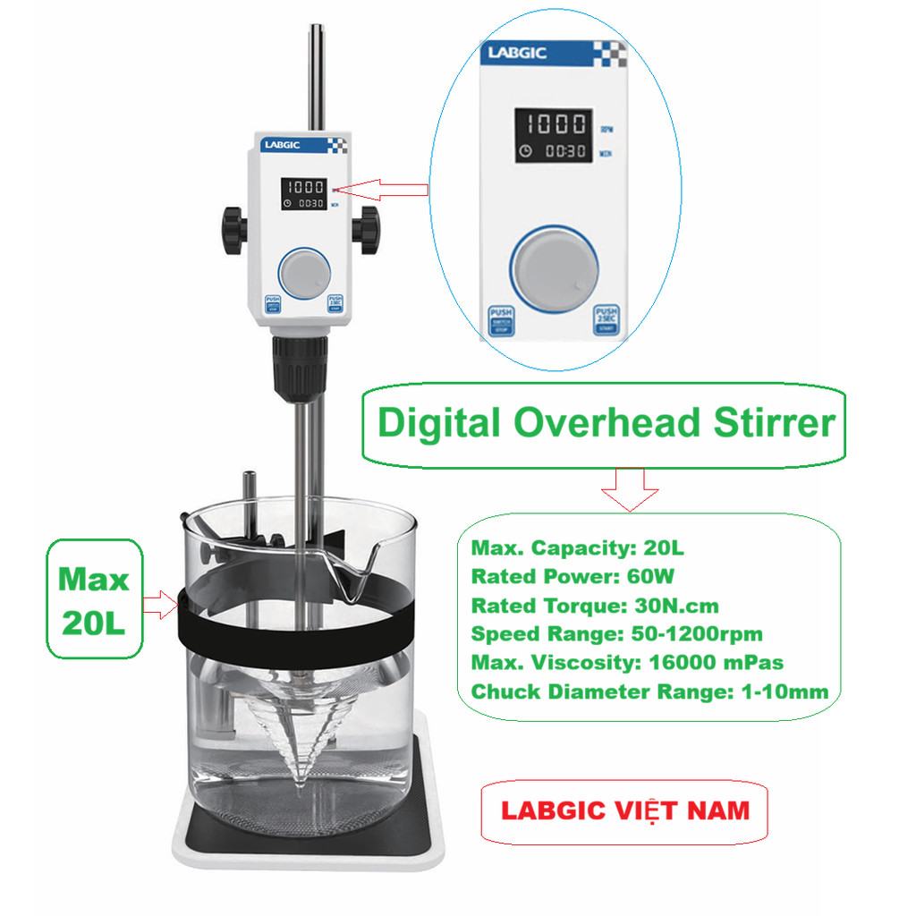 Máy khuấy đũa kỹ thuật số, dung tích 20 lít, 50-1200rpm, Digital Stirrer, LABGIC LAB TEKCO 0904