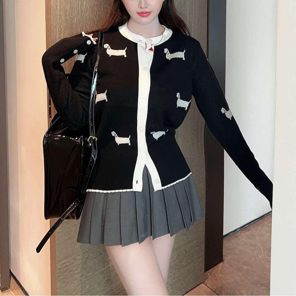 Z7US TM College Style Full Body Puppy Jacquard Wool Round Neck Knitted Cardigan Coat for Women Sprin