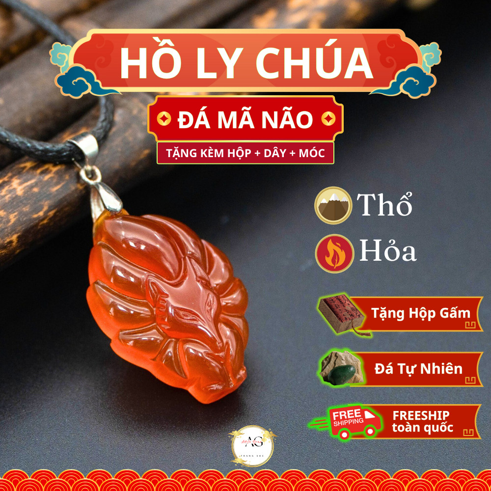 ADELA GEMS Vòng Cổ , Mặt Đá Mã Não Phong Thủy Hồ Ly Chúa Đỏ Mệnh Hỏa,Tự Nhiên Tặng Dây Và Hộp Gấm