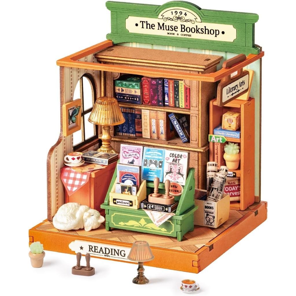 Rolife DIY Mini Building House Miniature Kit-The Muse Bookshop, Trang trí kệ sách mini phong cách th