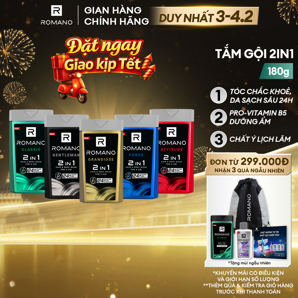 Tắm gội cho nam 2 trong 1 Romano 2in1 180g/chai