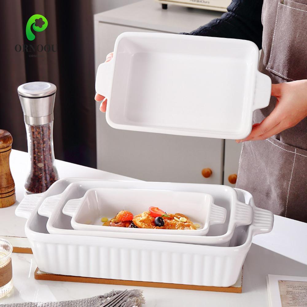 ORNOOU Đĩa nướng bánh ORNOOU, có tay cầm Khay nướng bằng gốm hình chữ nhật, họa tiết sọc sâu bền Las