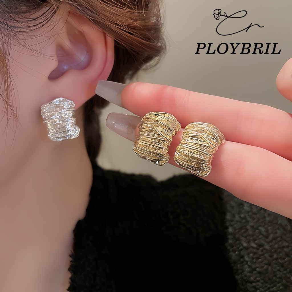 Bông Tai Kim Loại PLOYBRIL Hình Cong Xếp Ly Loại Phụ Kiện Thời Trang E018