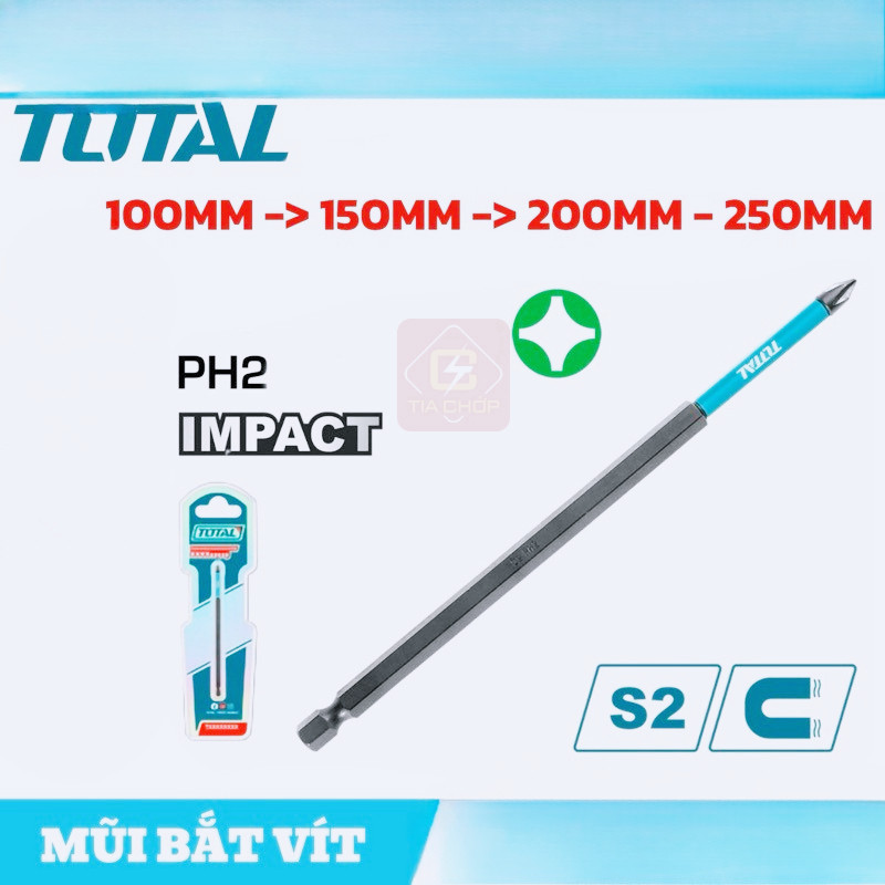 Mũi Bắt Vít PH2 TOTAL 100mm / 150mm / 200mm / 250mm | Mũi Vặn Vít Chuẩn PH2 Thép S2 Siêu Cứng