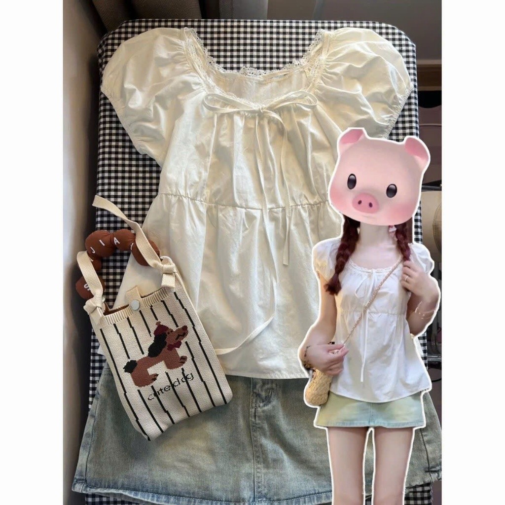 Áo babydoll ngắn tay cổ ren phối nơ kiểu Pháp dễ thương KUNKUN SP442