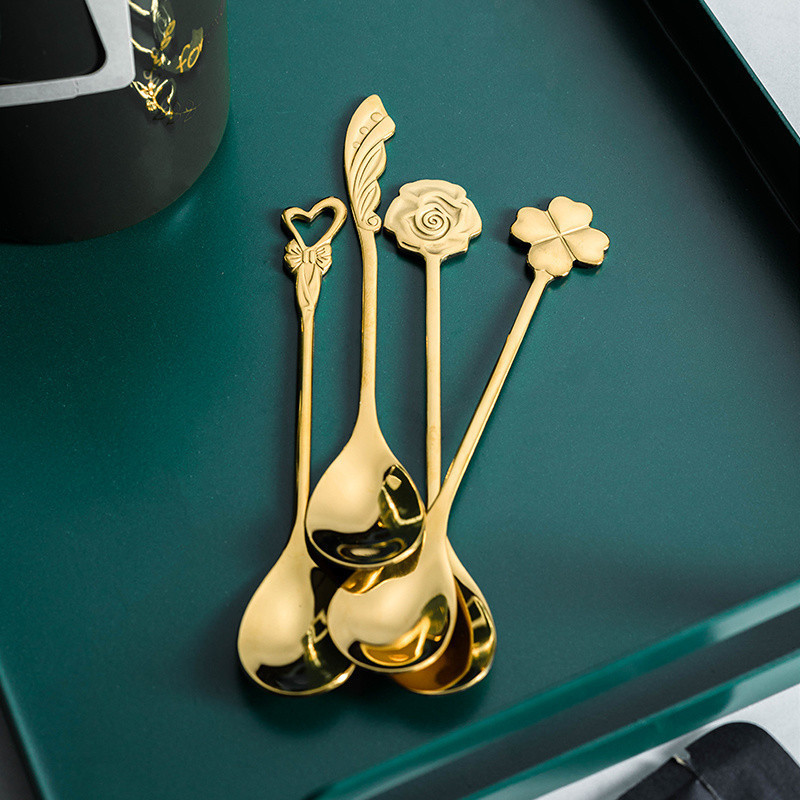 New Product#[Thickened304]Food Grade Stainless Steel Gold Coffee Spoon Korean Stirring Spoon Coffee 