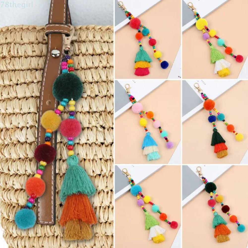 THEGIRL Boho Style Hair Ball Tua Rua Móc Khóa, Phong Cách Boho Nhiều Màu Sắc Phong Cách Boho Móc Khó