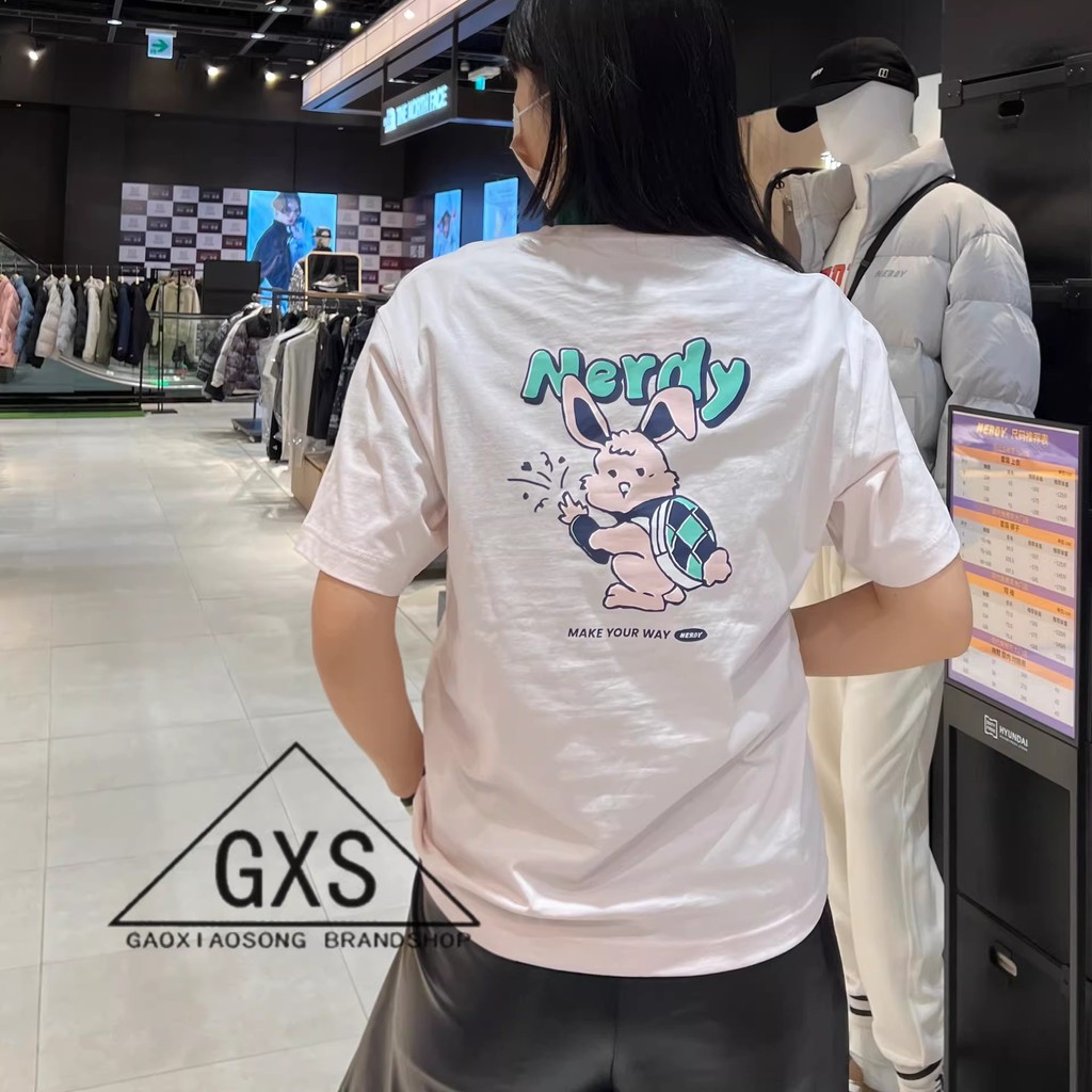 NERDY Áo thun ngắn tay in hình thỏ phong cách mới dáng rộng