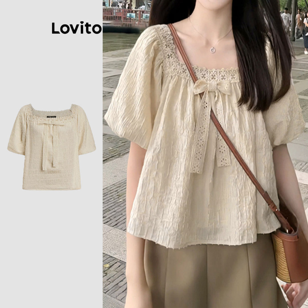 Lovito Áo kiểu thường ngày Lưới tương phản trơn Áo ren cổ vuông cho nữ LNE19122 (Mai)