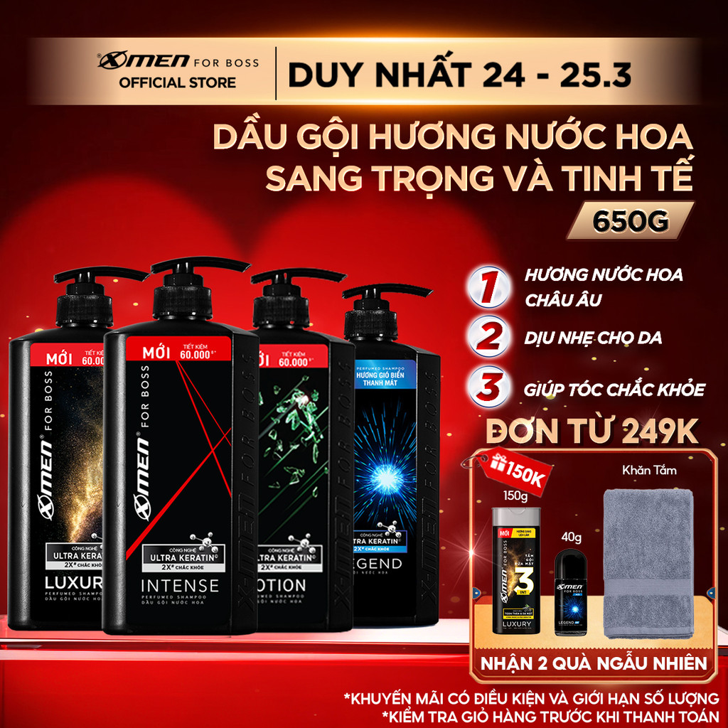 Dầu Gội Nam XMen for Boss 650g Hương Nước Hoa Châu Âu - 4 Mùi Hương Sang Trọng Lịch Lãm
