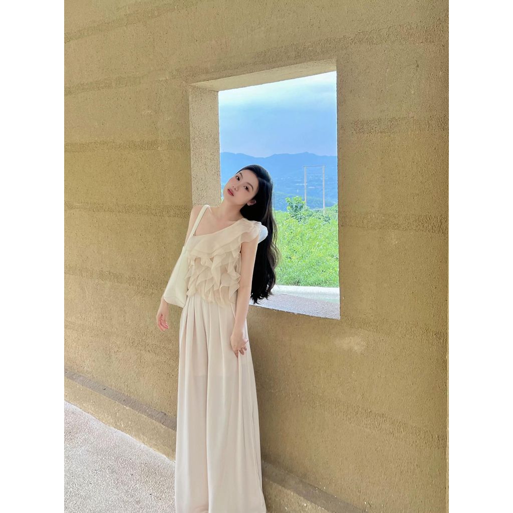 Set áo lệch vai bèo tầng + quần dài ống rộng nữ thanh lịch HB.Studio S108