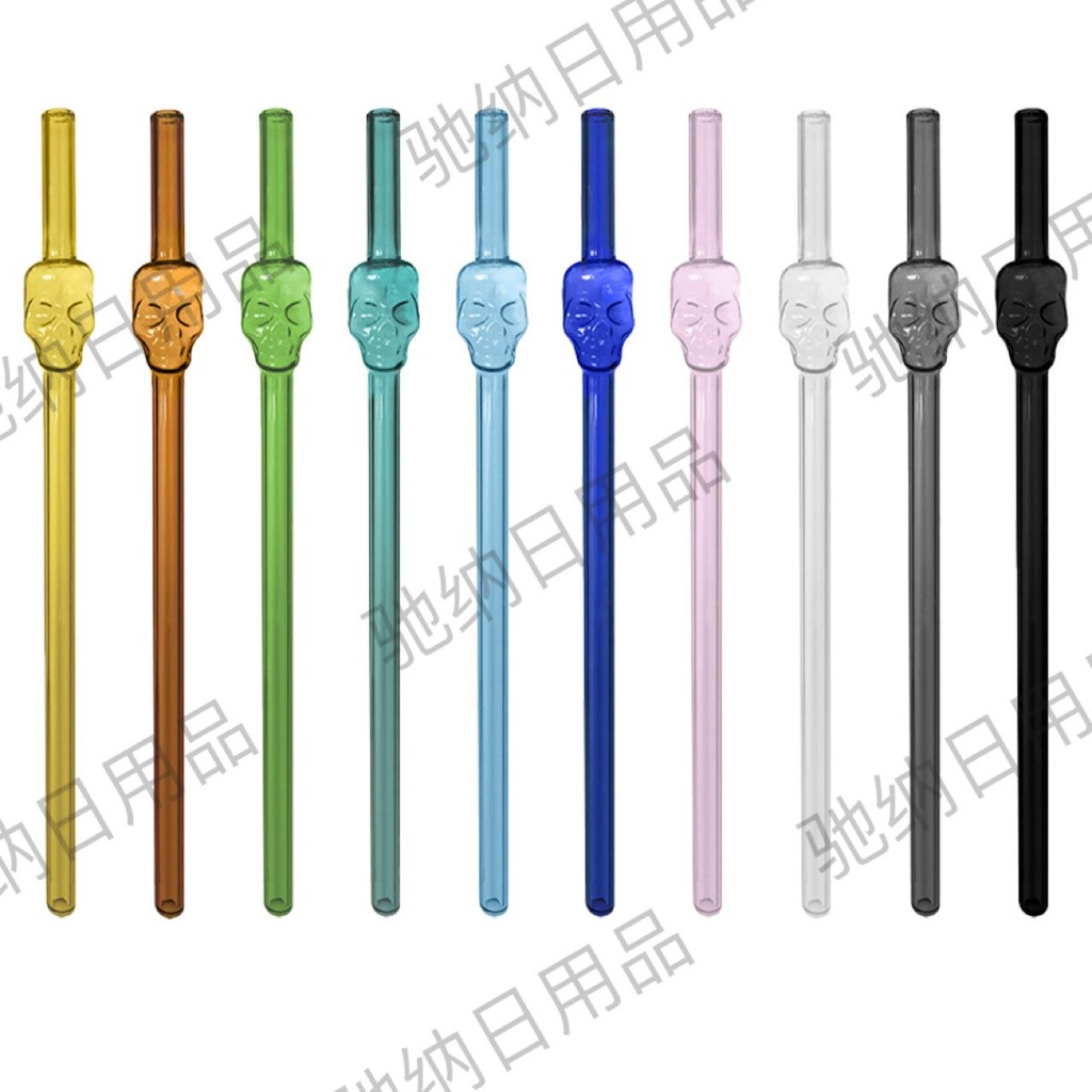 Popular~Colorful skull-shaped glass straw, high borosilicate glass straight drinking straw20cm Multi