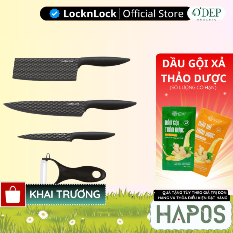 Bộ dao 4 món LocknLock, chống dính, chất liệu thép không gỉ (3 dao 1 bào) - Màu đen CKK104S4 - HAPOS