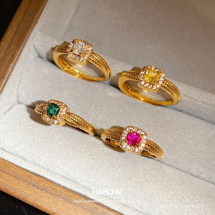 24k Vàng Thật Mạ Điện Zircon Vuông Mở Nhẫn Thời Trung Cổ Cổ Điển Chỉ Số Nhẫn Ánh Sáng Sang Trọng Cao