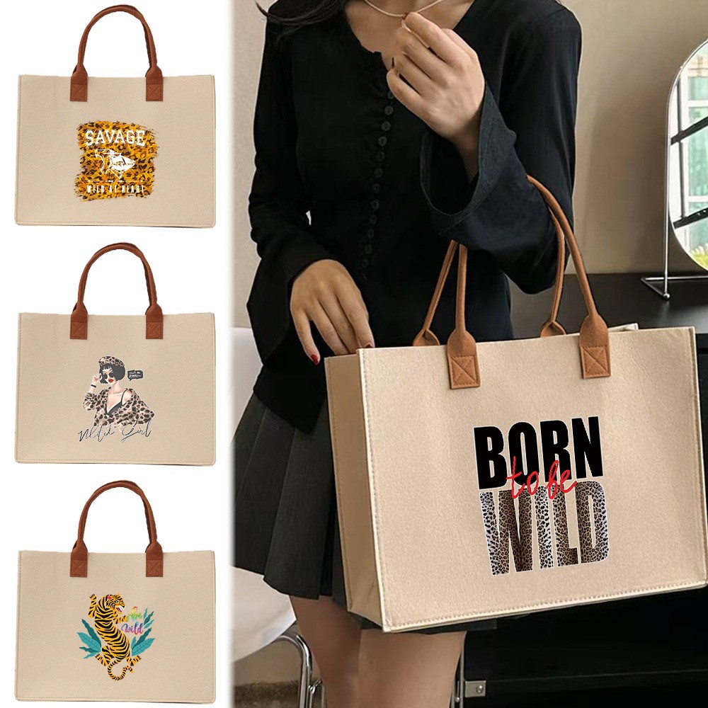 【Lowest price】 Exquisite print In stock Thickened Commuter shopping bag Felt tote bag Large capacity