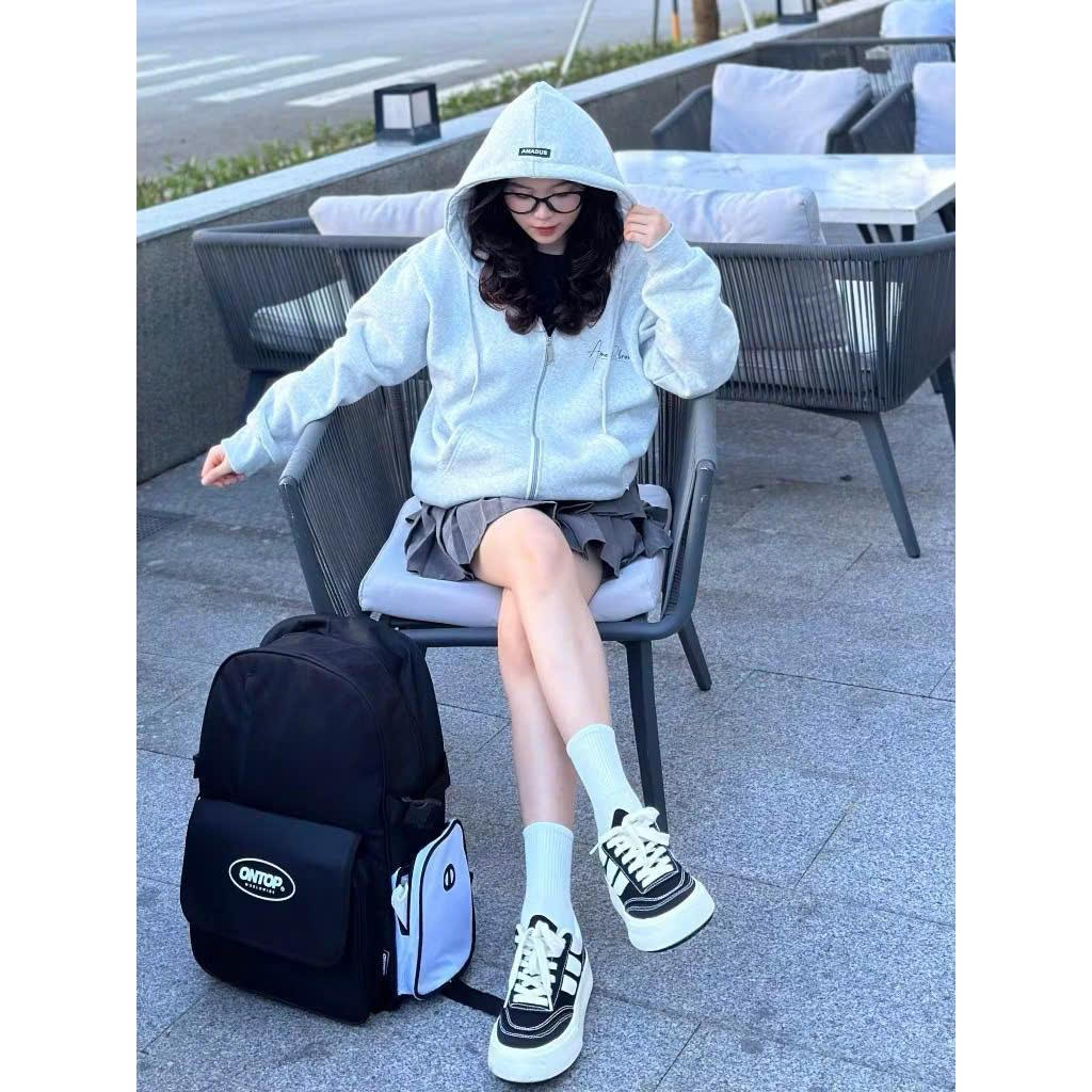 Men's and Women's Zip Hoodie Jacket with Signature Print ON AMADUS, Loose 2-Layer Hoodie with Zipper