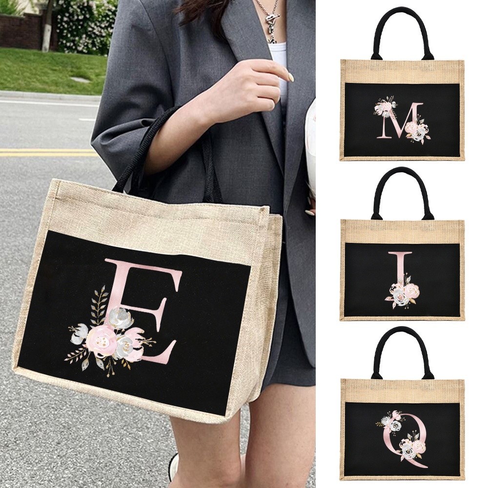 Jute bag Linen Shoulder  Bag Women Shopping Tote Laminated Bags Designer Pink Flowers Jute Imitation