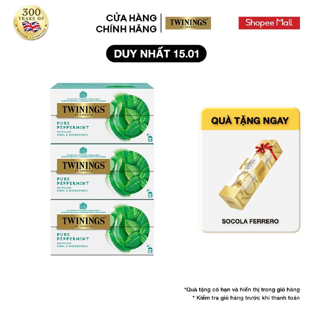Combo 3 Trà Túi Lọc Bạc Hà Twinings Pure Peppermint - Hộp 25 Gói 2G