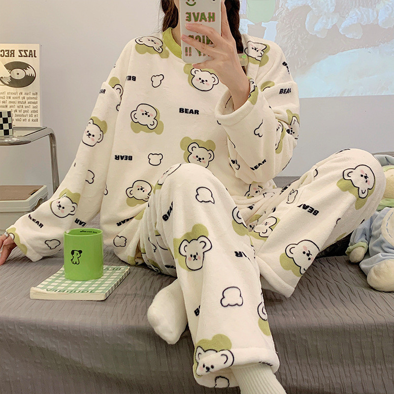 nightgowns winter pajamas Bộ Đồ Ngủ Nữ Flannel Style Hàn Quốc, Họa Tiết Hoạt Hình Dễ Thương Cho Thu 