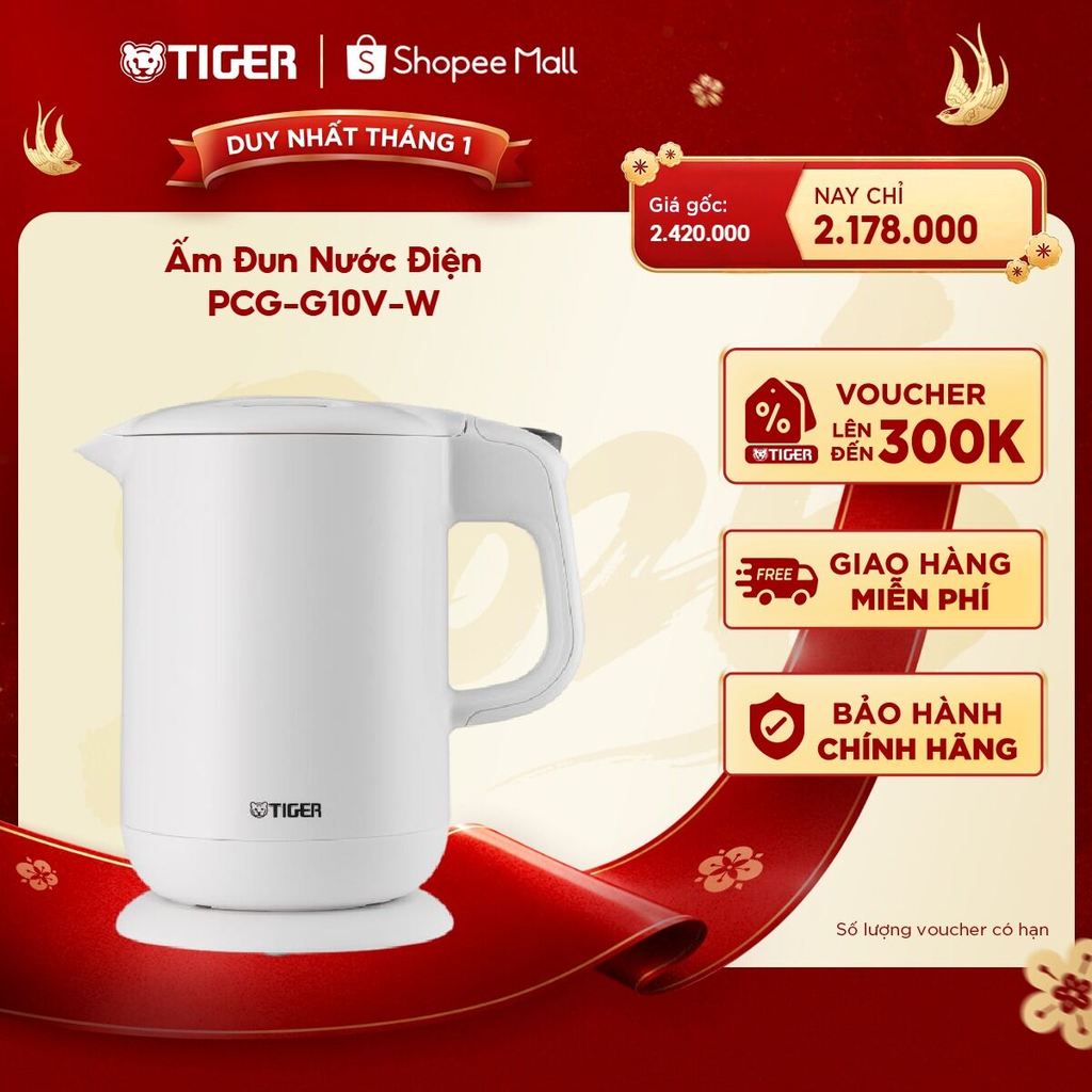 Ấm đun siêu tốc Tiger PCG-G10V-W 1L Trắng - Thiết kế hiện đại, an toàn và tiện lợi