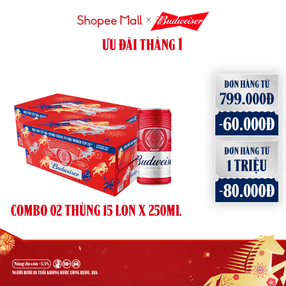 Combo 2 Thùng 15 Lon Bia Budweiser PartyPack Chính Hãng (250ml/lon)