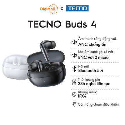 Tai Nghe Nhét Tai TECNO BUDS 4 Bluetooth 5.4 Chống Ồn ANC ENC Lọc Âm Cuộc Gọi EQ Kháng Nước IPX4