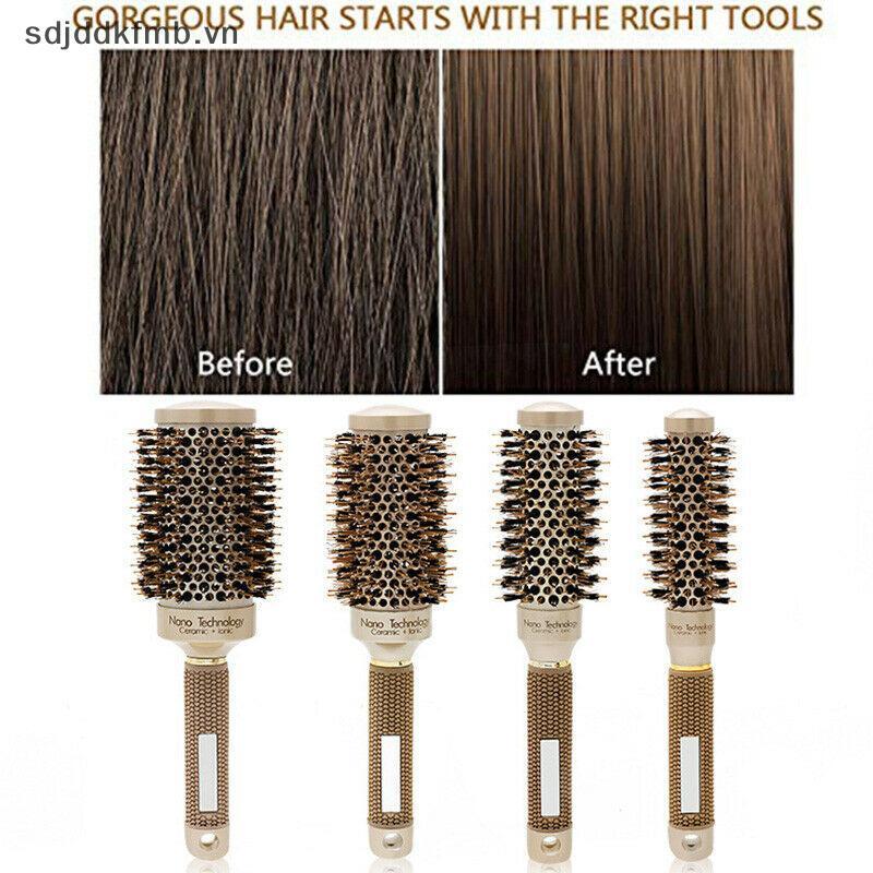 Null Professional Thermal Ceramic Ionic Round Barrel Tay cầm chống trượt Bàn chải tóc vàng rỗng