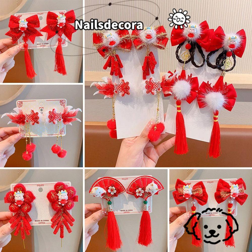 NAILS Linh Vật Sừng Rồng Kẹp Tóc Đỏ, Nhung Phong Cách Cổ Đại Nơ Đỏ Kẹp Tóc, Mũ Dễ Thương Năm Đỏ Kẹp 