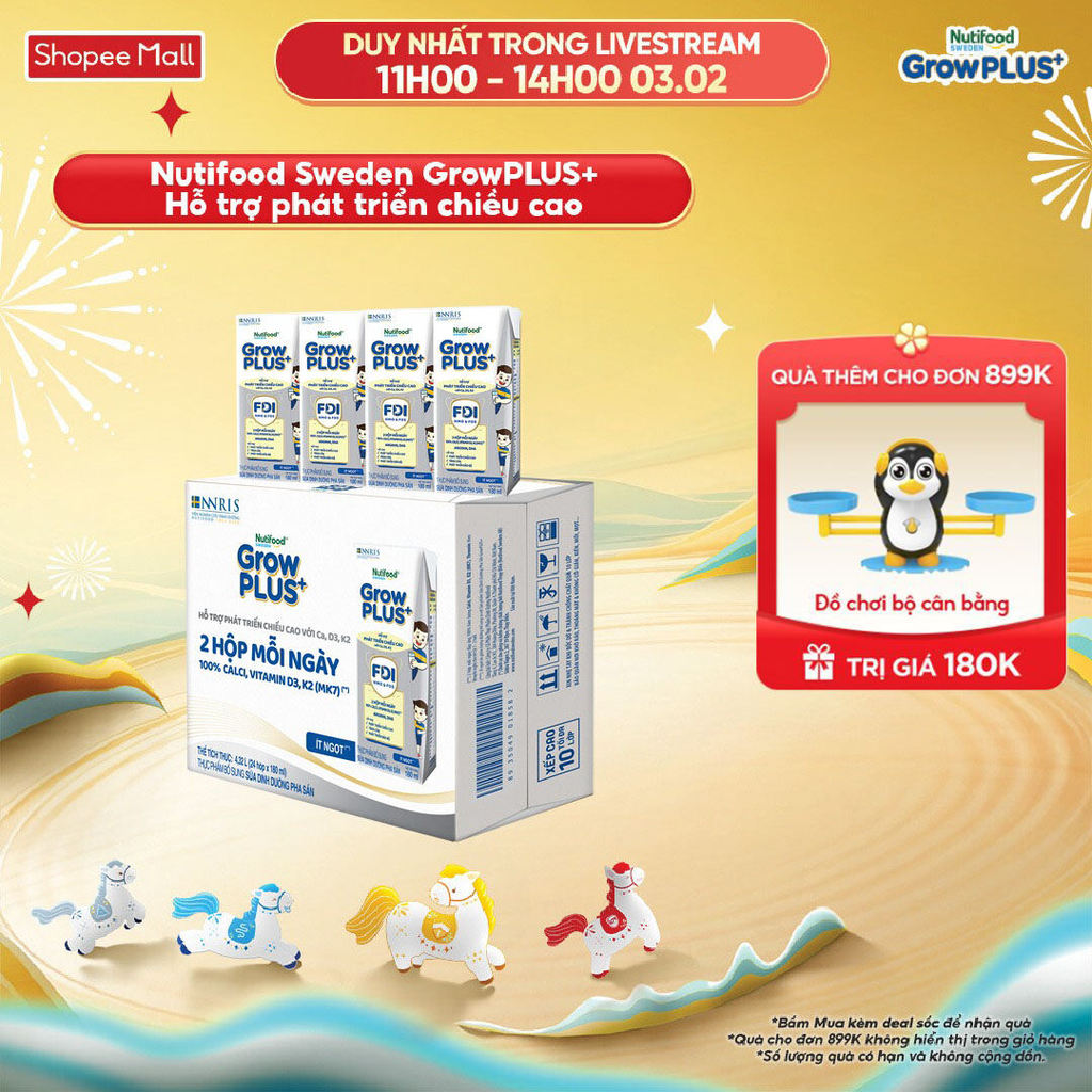 Thùng 24 hộp Sữa Bột Pha Sẵn Nutifood Sweden GrowPLUS+ Cao lớn vượt trội hộp 180 ml
