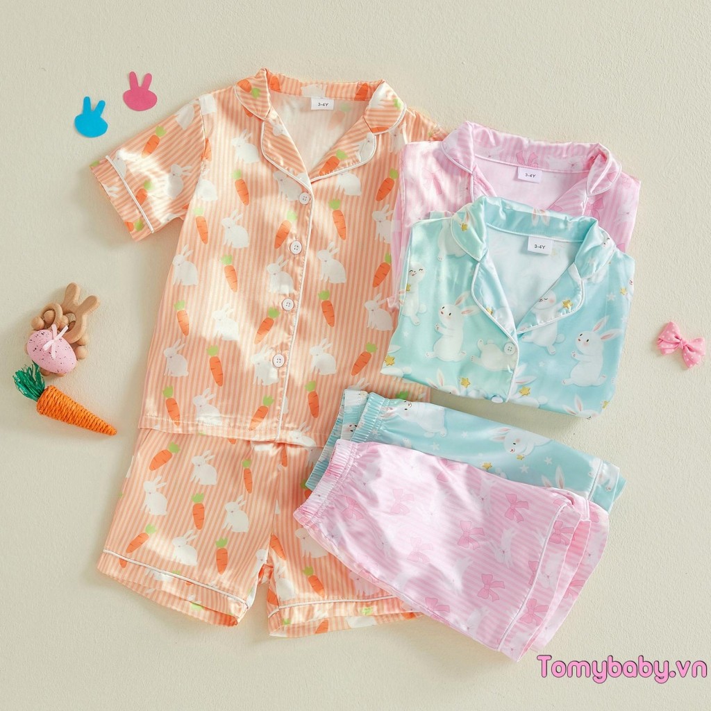 Bộ Đồ Ngủ Satin Phục Sinh Tập Đi Bunny Cà Rốt In Hình Áo Tay Ngắn + Quần Short 2 Chiếc Đồ Ngủ