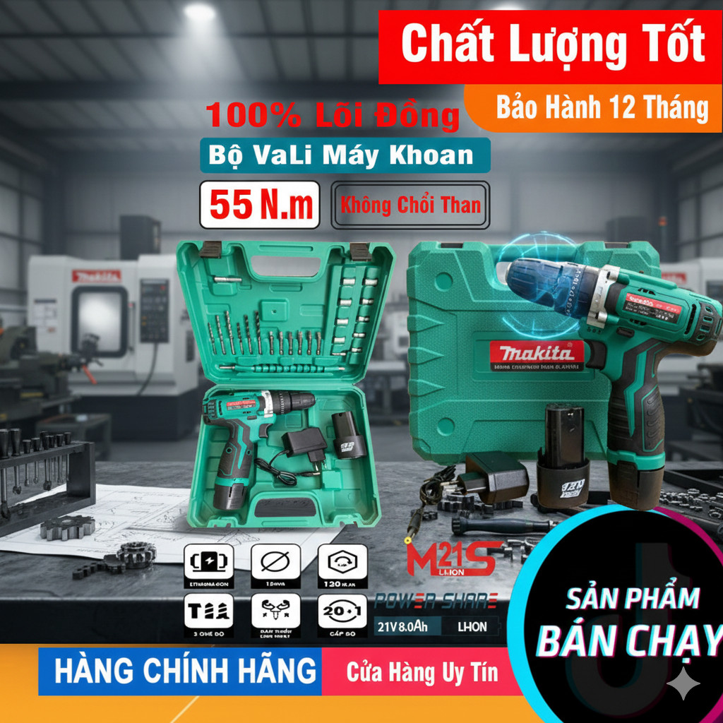 Máy bắn vít 12V Đầu kẹp 10mm - Máy khoan Makita 2 pin 12V tặng kèm bộ phụ kiện đầy đủ
