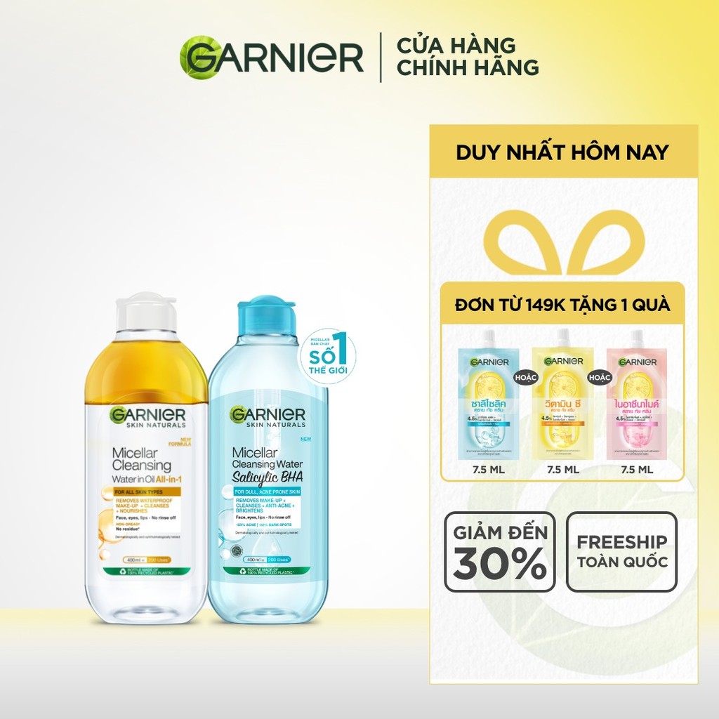 Bộ 2 Nước tẩy trang dành cho da dầu mụn & trang điểm Garnier Micellar Water (400mlX2)