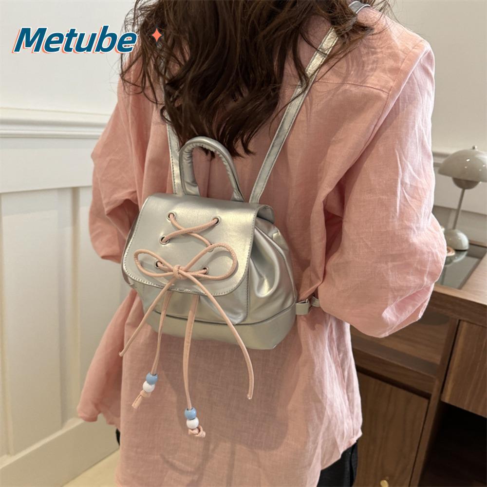 Ba lô đi học METUBE, Ba lô nữ màu trơn bằng da PU, Túi đi học Mini có dây rút dành cho nữ