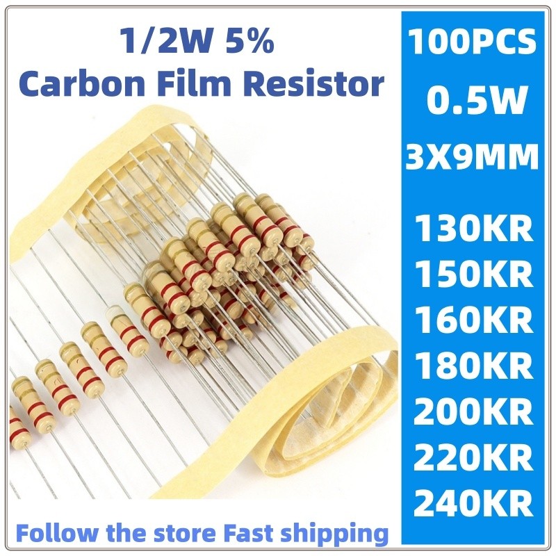 100 Chiếc 1 / 2w Phim carbon Điện Trở 5% 0.5W 130K 150KR 160KR 180KR 200KR 220KR 240K