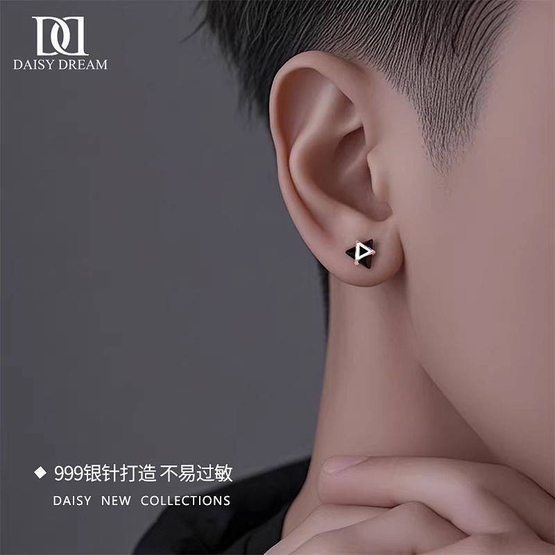 Three-Life Stone Stud Earrings Special-Interest Design Personality Black Earrings Men's Ruan Handsom