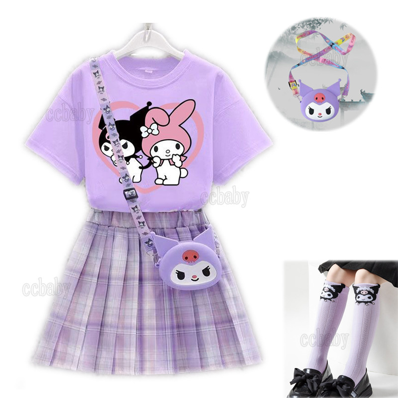 Kuromi Đầm Cho Trẻ Em Bé Gái Phong Cách Học Viện JK Đầm Kẻ Sọc Váy Mùa Hè Tím Tay Ngắn + JK Kẻ Sọc H