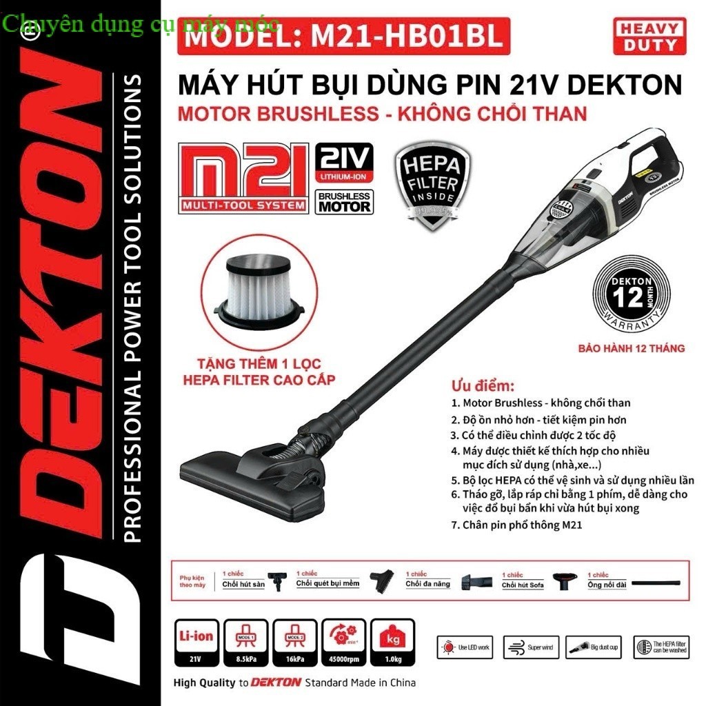 Máy hút bụi cầm tay dùng pin Dekton M21-HB01BL Motor Brushless Lọc bụi Hepa Chân phổ thông  SHOP DỤN
