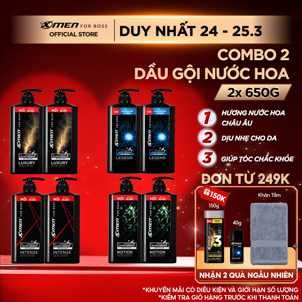 Combo 2 Dầu Gội Nam XMen for Boss 650g/chai Hương Nước Hoa Châu Âu-4 Mùi Hương Sang Trọng